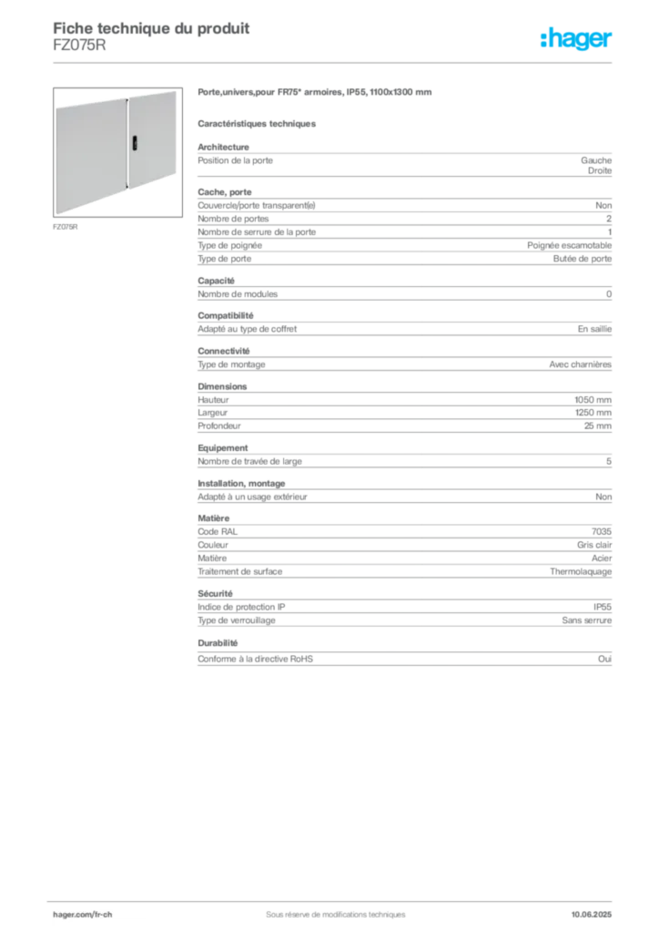 Image Hager Fiche technique du produit FZ075R | Hager Suisse