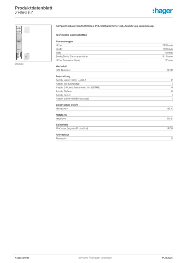 Bild Hager Produktdatenblatt ZH56L5Z | Hager Deutschland