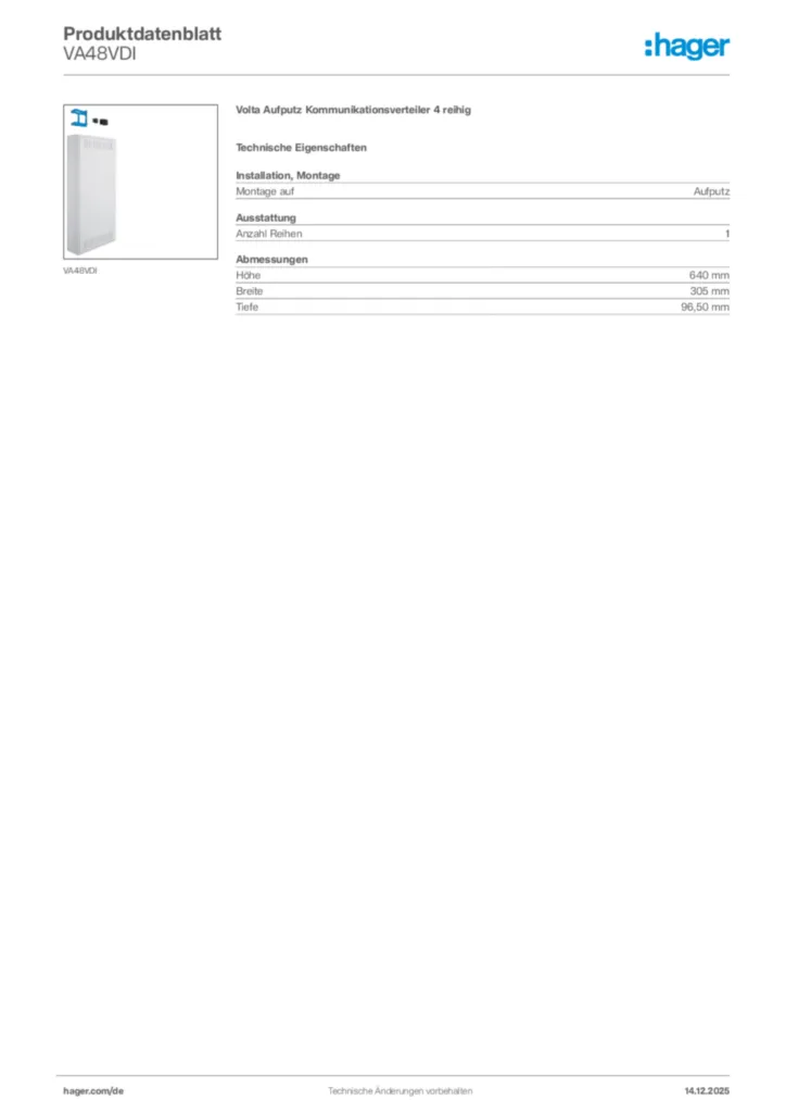 Bild Hager Produktdatenblatt VA48VDI | Hager Deutschland