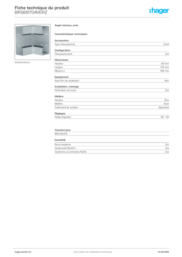 Image Hager Fiche technique du produit BRS651704VERZ | Hager Suisse