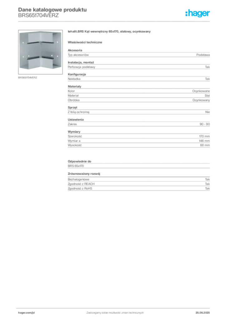 Zdjęcie Hager Karta katalogowa BRS651704VERZ | Hager Polska