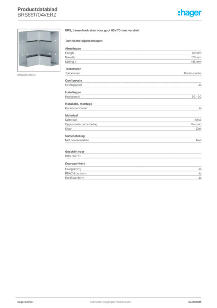Afbeelding Hager Productdatablad BRS651704VERZ | Hager Nederland