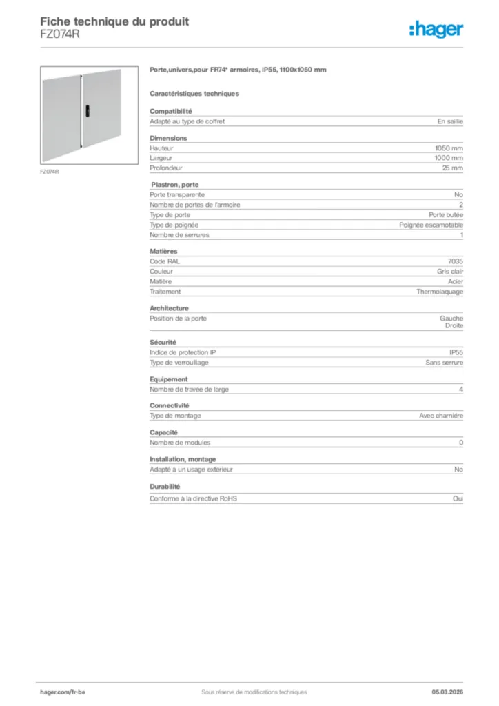 Image Hager Fiche technique du produit FZ074R | Hager Belgique