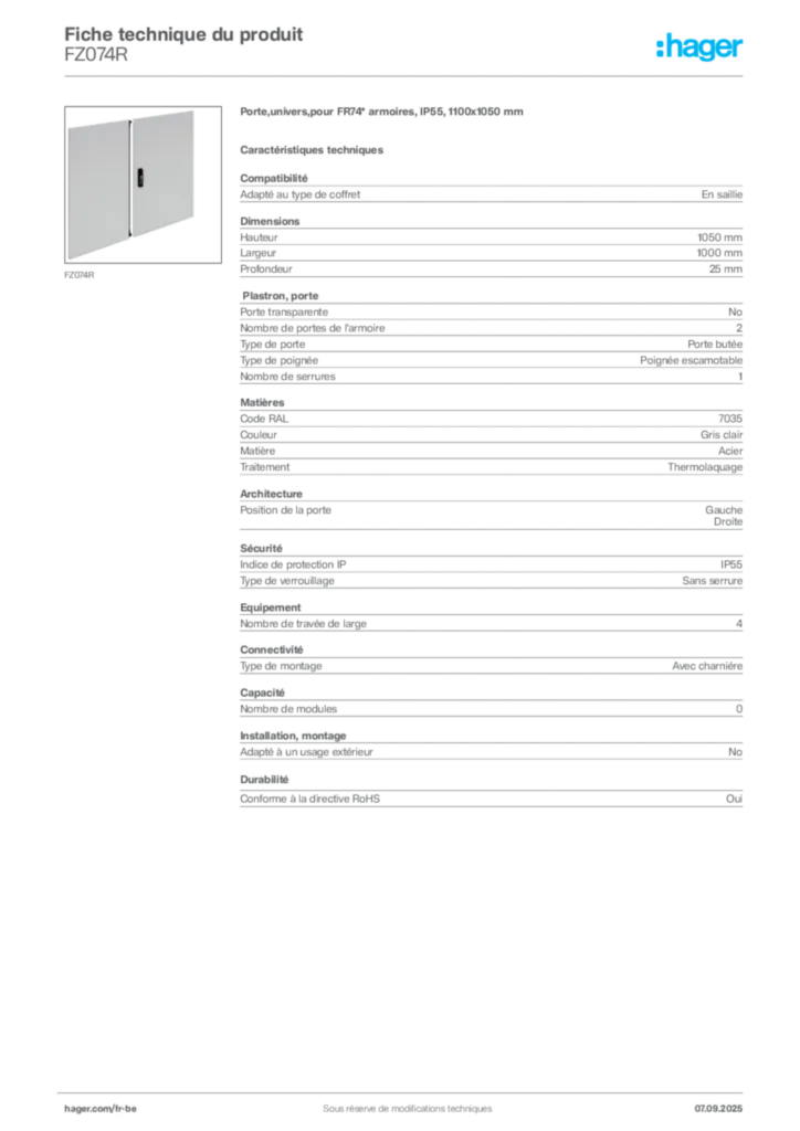 Image Hager Fiche technique du produit FZ074R | Hager Belgique