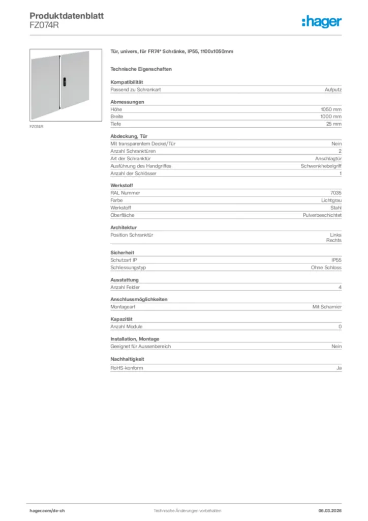 Bild Hager Produktdatenblatt FZ074R | Hager Schweiz