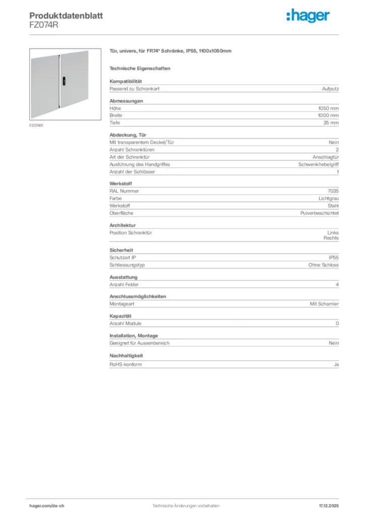 Bild Hager Produktdatenblatt FZ074R | Hager Schweiz