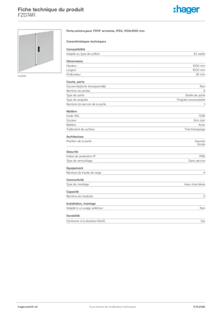 Image Hager Fiche technique du produit FZ074R | Hager Suisse