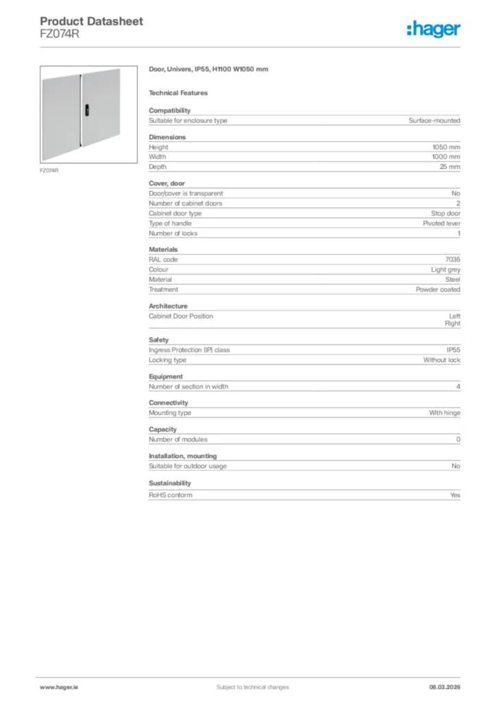 Image Hager Product data sheet FZ074R  | Hager