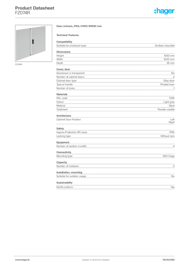 Image Hager Product data sheet FZ074R  | Hager