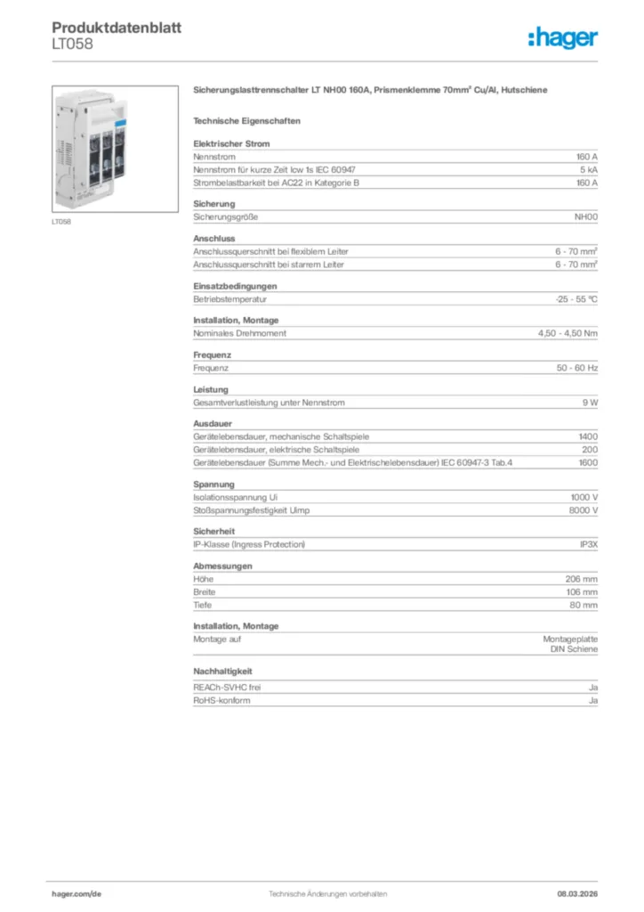 Bild Hager Produktdatenblatt LT058 | Hager Deutschland