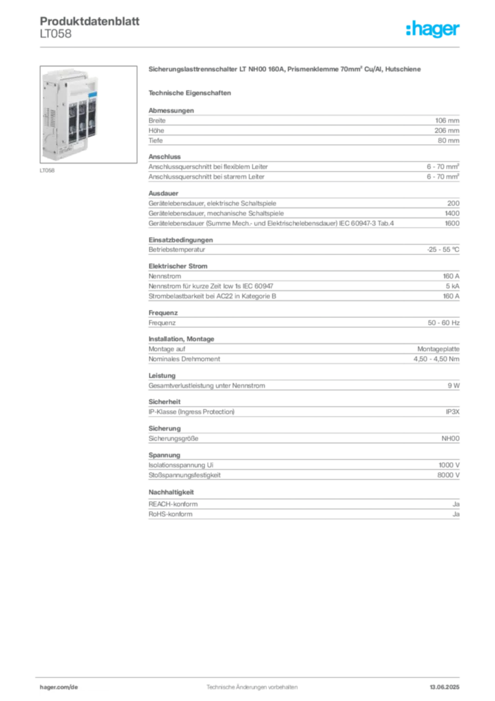 Bild Hager Produktdatenblatt LT058 | Hager Deutschland