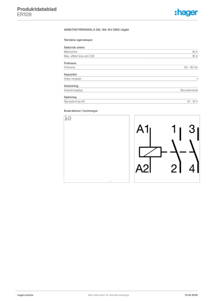 Bild Hager Produktdatablad ER109 | Hager Sverige
