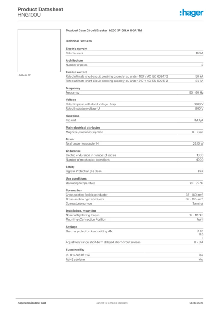 Image Hager Product data sheet HNG100U  | Hager