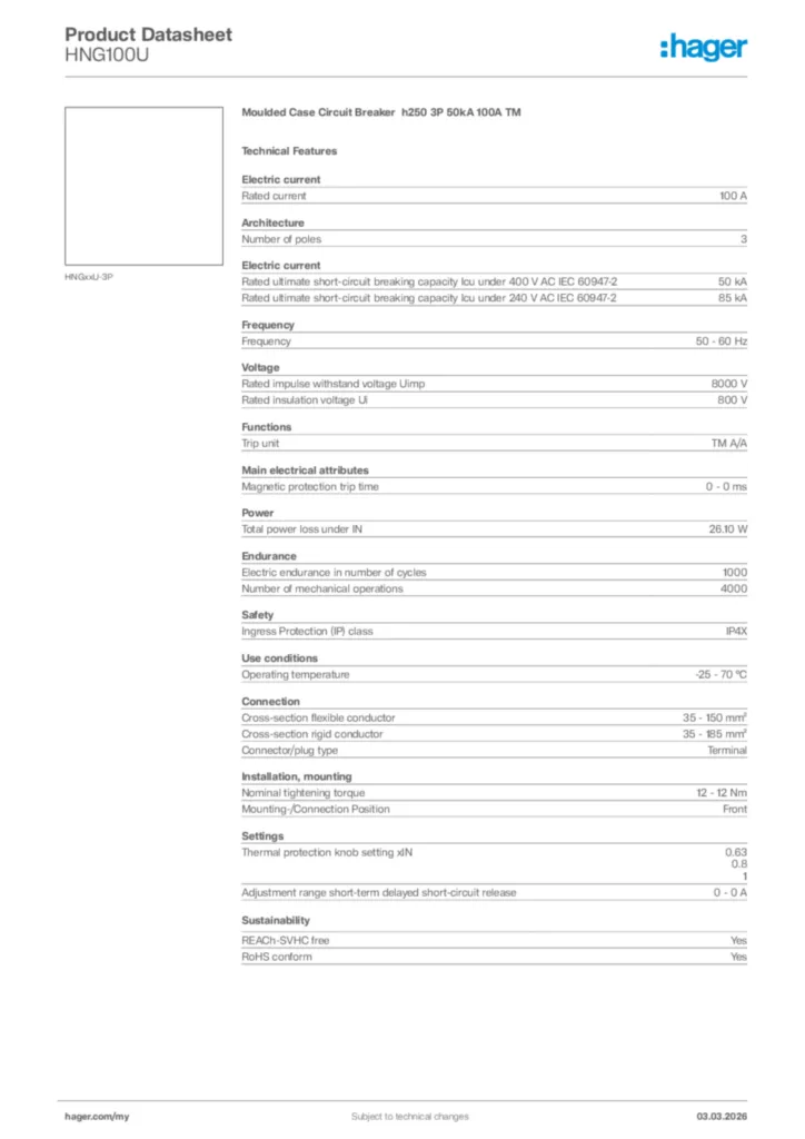 Image Hager Product data sheet HNG100U  | Hager