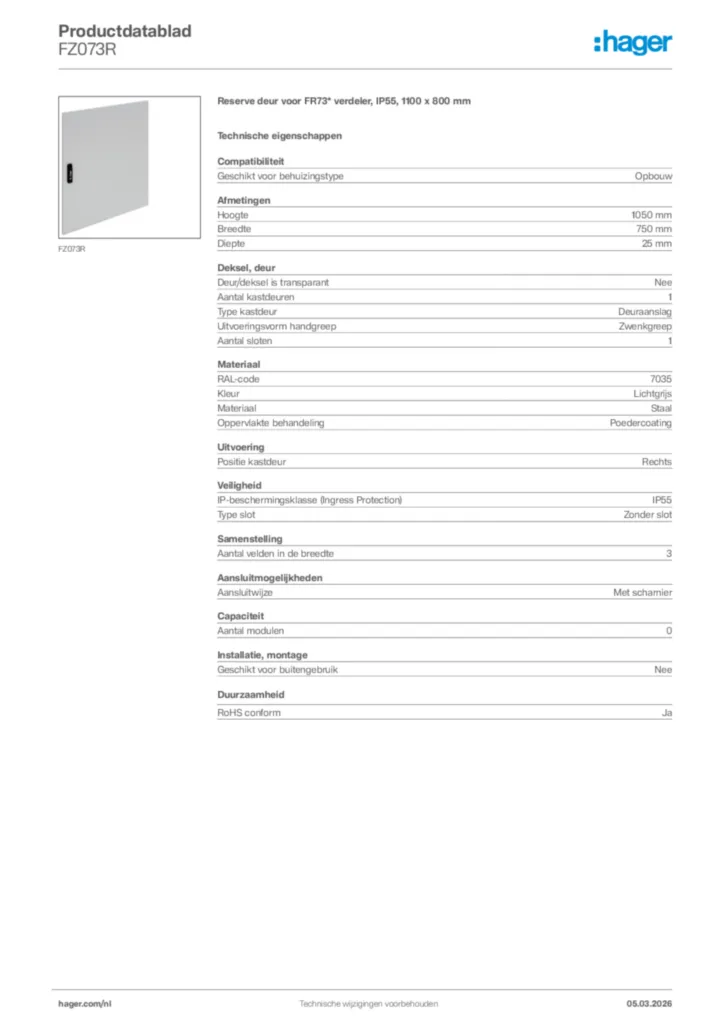 Afbeelding Hager Productdatablad FZ073R | Hager Nederland