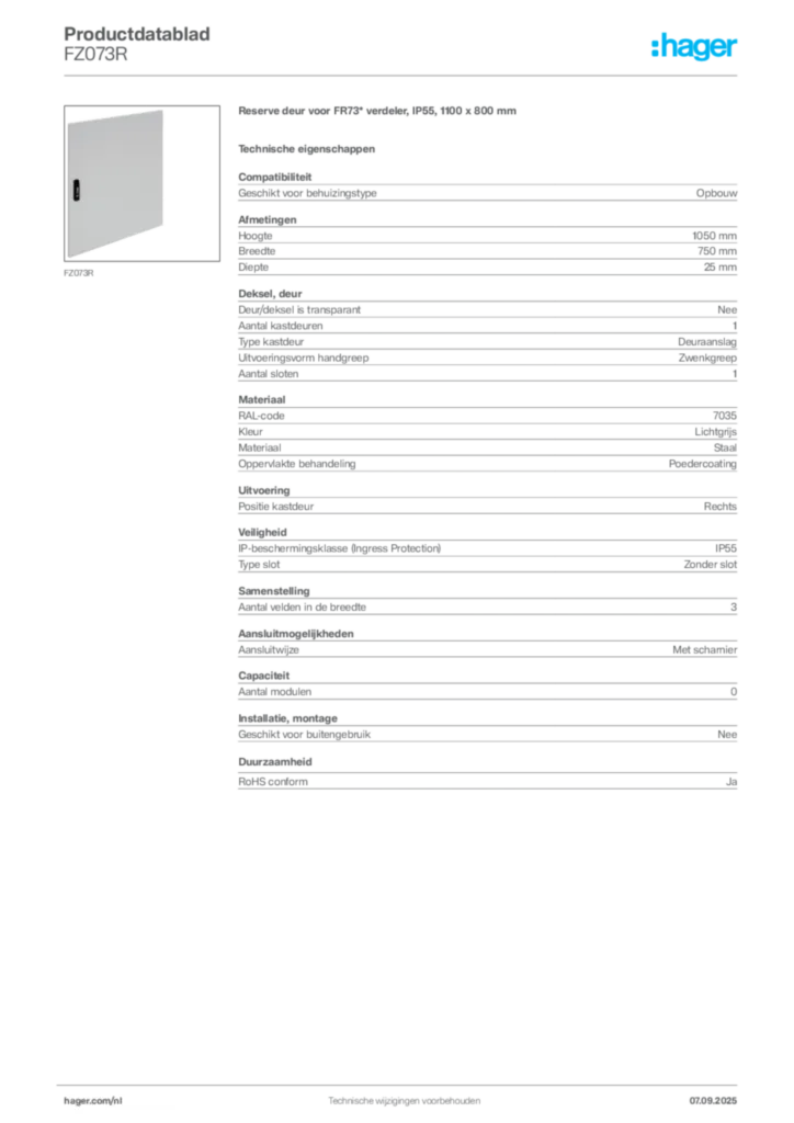Afbeelding Hager Productdatablad FZ073R | Hager Nederland
