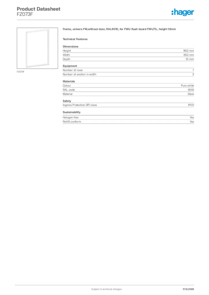 Image Hager Product data sheet FZ073F  | Hager Africa