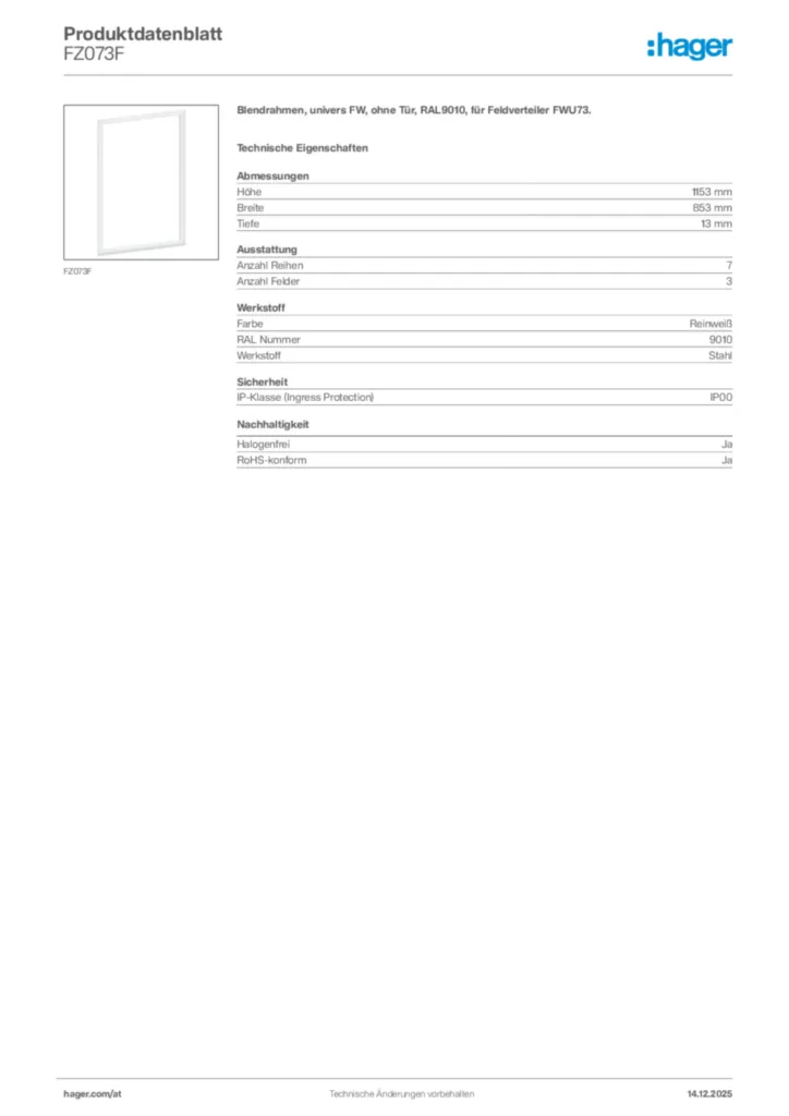Bild Hager Produktdatenblatt FZ073F | Hager Deutschland