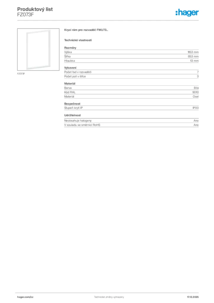 Obrázek Hager Produktový list FZ073F | Hager