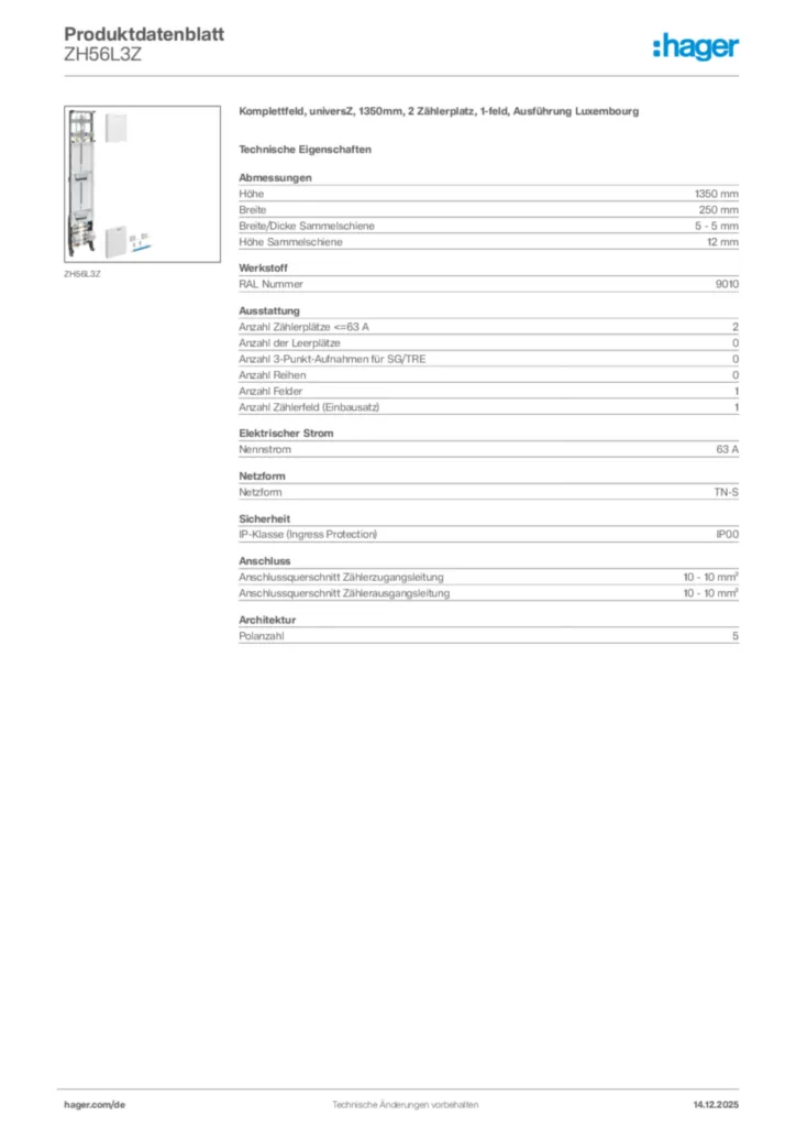 Bild Hager Produktdatenblatt ZH56L3Z | Hager Deutschland