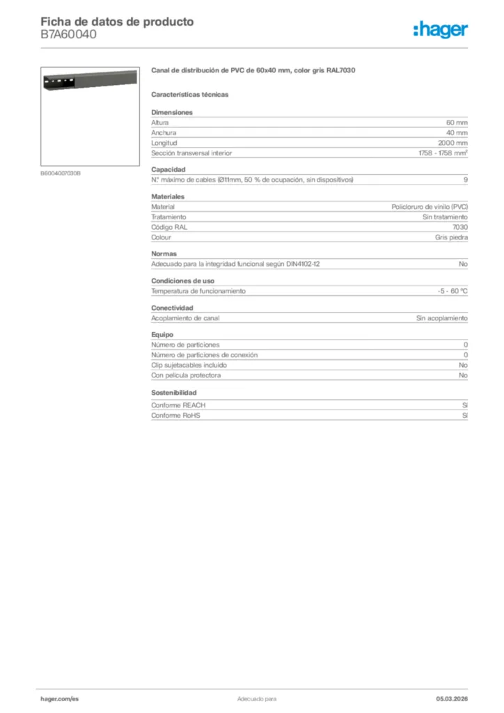 Imagen Hager Ficha de datos de producto B7A60040 | Hager España