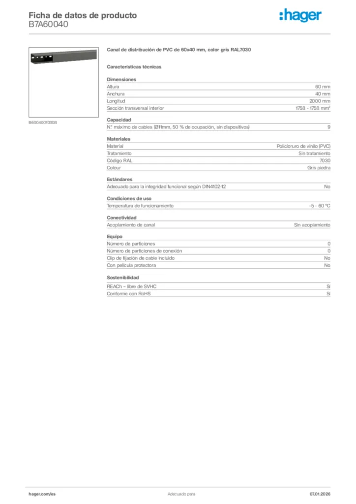 Imagen Hager Ficha de datos de producto B7A60040 | Hager España