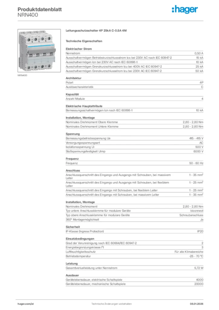 Bild Hager Produktdatenblatt NRN400 | Hager Deutschland