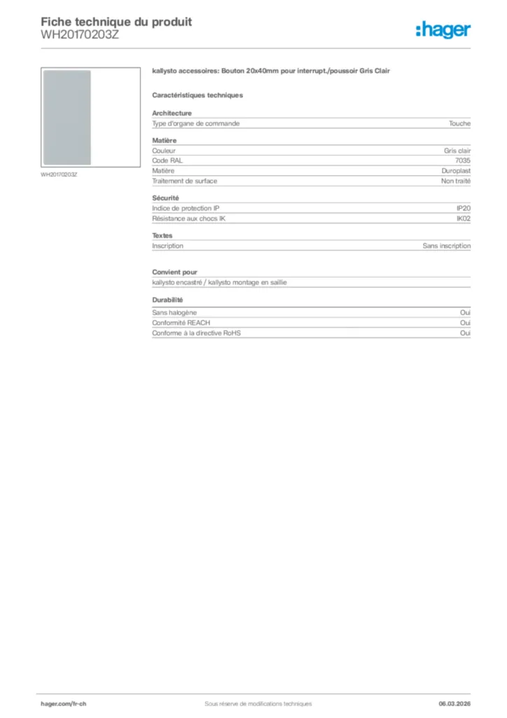 Image Hager Fiche technique du produit WH20170203Z | Hager Suisse
