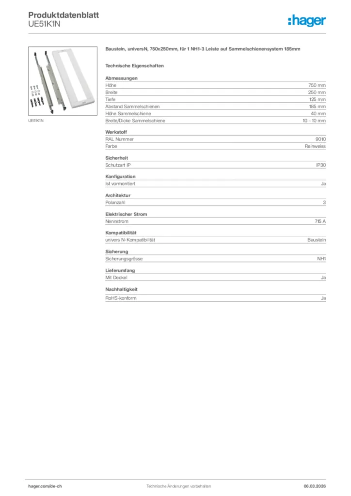Bild Hager Produktdatenblatt UE51K1N | Hager Schweiz