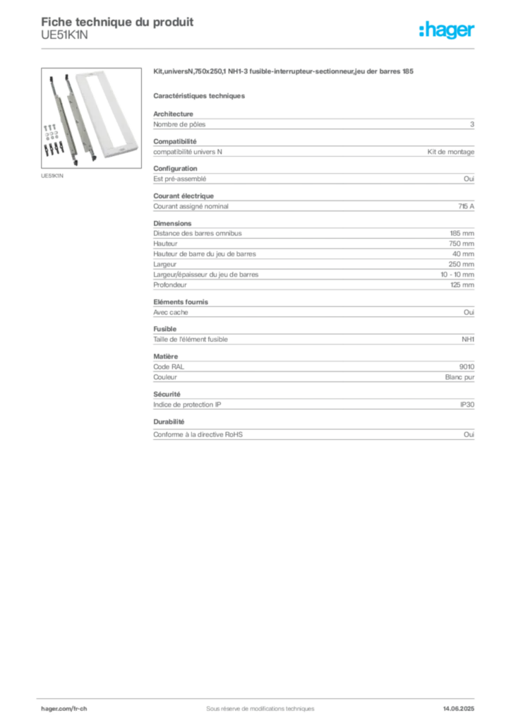Image Hager Fiche technique du produit UE51K1N | Hager Suisse