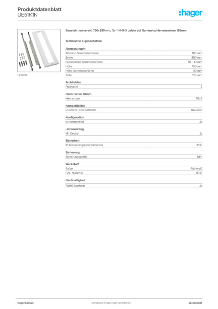 Bild Hager Produktdatenblatt UE51K1N | Hager Deutschland