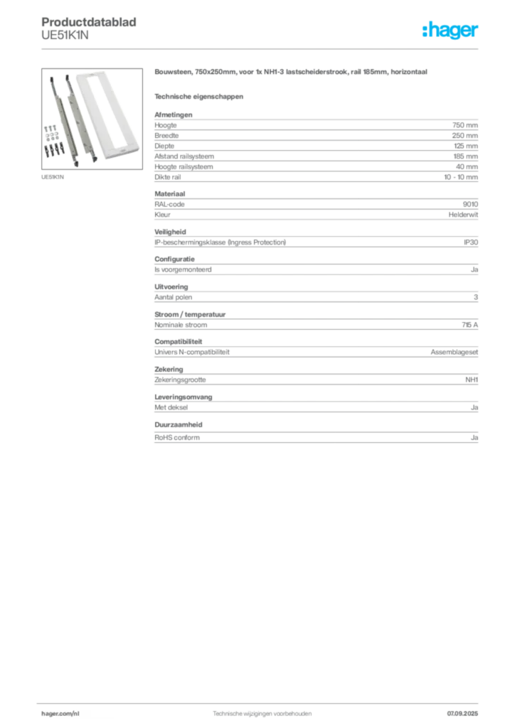 Afbeelding Hager Productdatablad UE51K1N | Hager Nederland