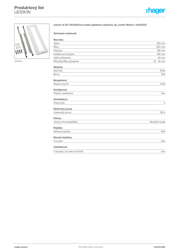 Obrázek Hager Produktový list UE51K1N | Hager