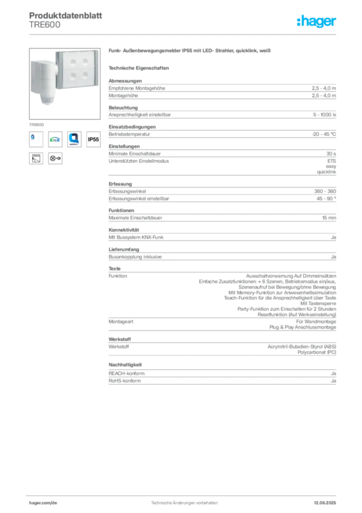 Hager Produktdatenblatt TRE600