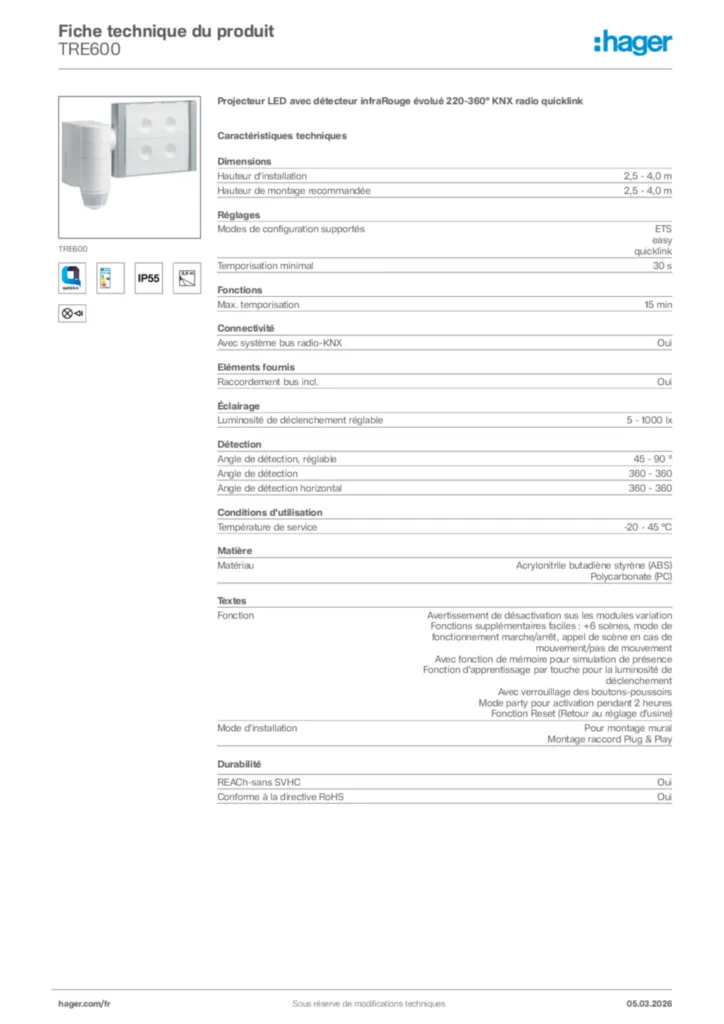 Image Hager Fiche technique du produit TRE600 | Hager France
