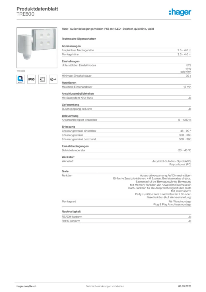 Bild Hager Produktdatenblatt TRE600 | Hager Schweiz