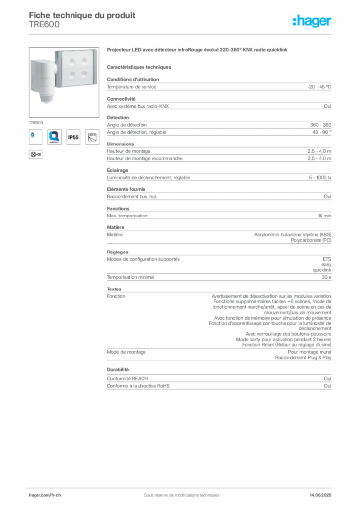 Image Hager Fiche technique du produit TRE600 | Hager Suisse