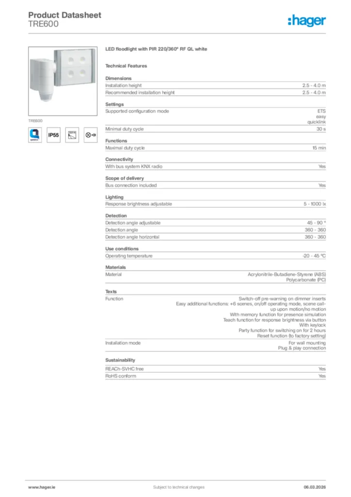Image Hager Product data sheet TRE600  | Hager