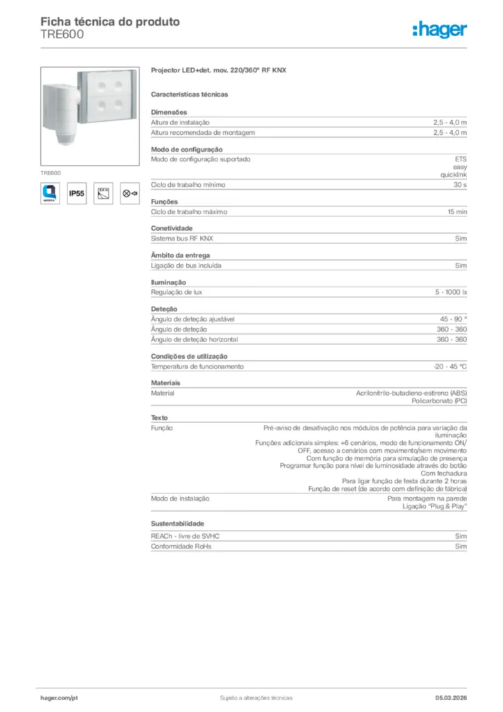 Imagem Hager Ficha técnica do produto TRE600 | Hager Portugal
