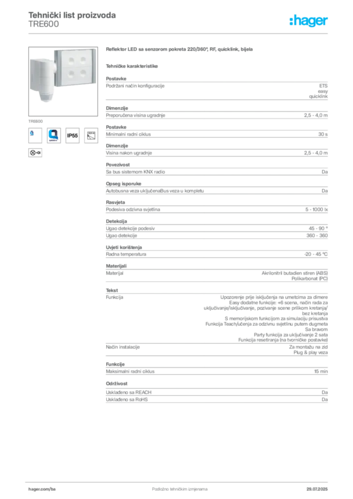 Slika Hager Product data sheet TRE600  | Hager