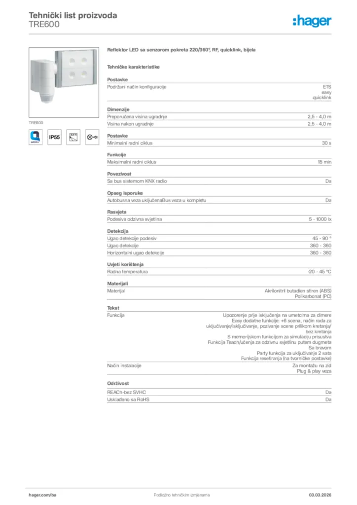 Slika Hager Tehnički list proizvoda TRE600  | Hager