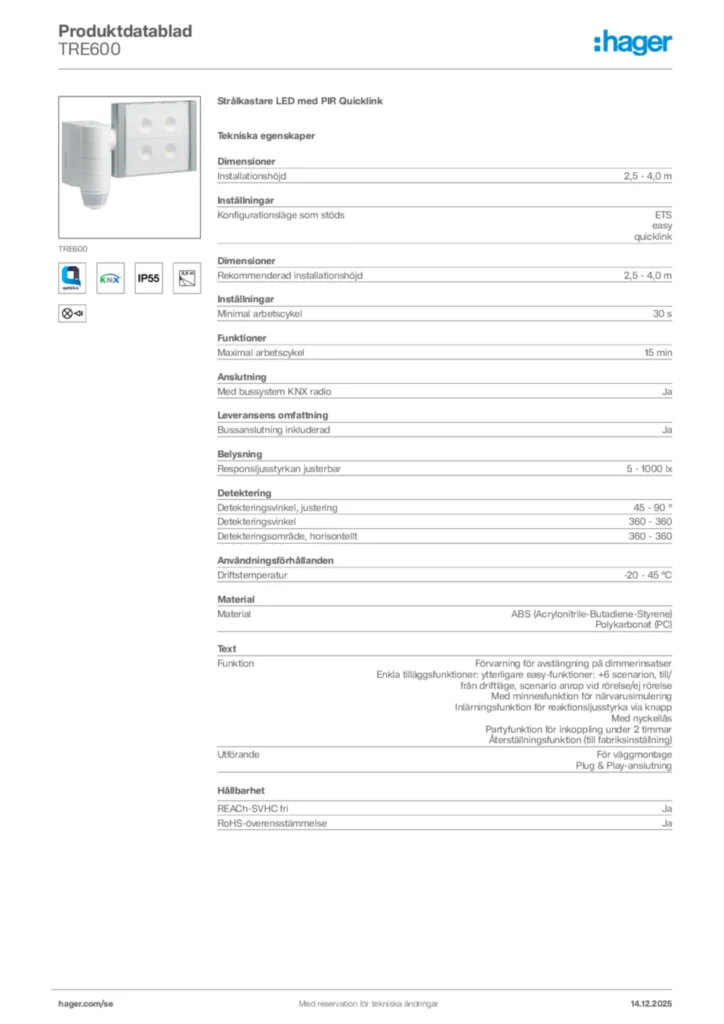 Bild Hager Produktdatablad TRE600 | Hager Sverige