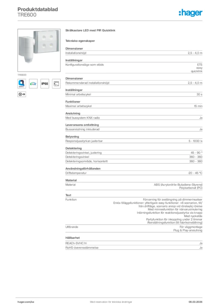 Bild Hager Produktdatablad TRE600 | Hager Sverige