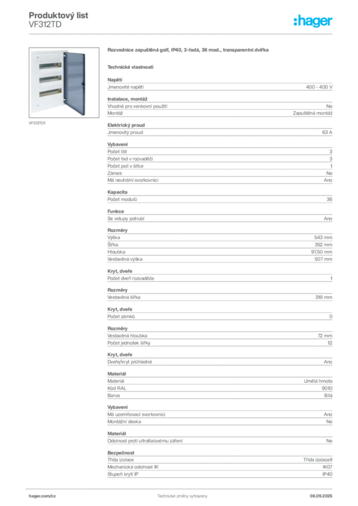 Obrázek Hager Produktový list VF312TD | Hager