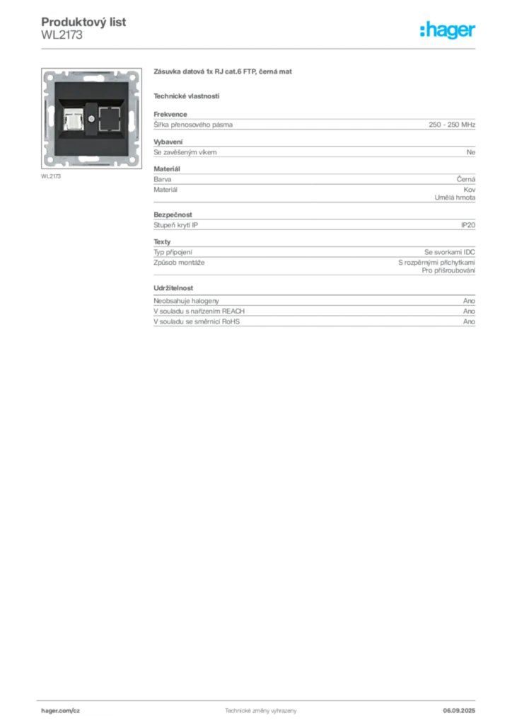 Obrázek Hager Produktový list WL2173 | Hager