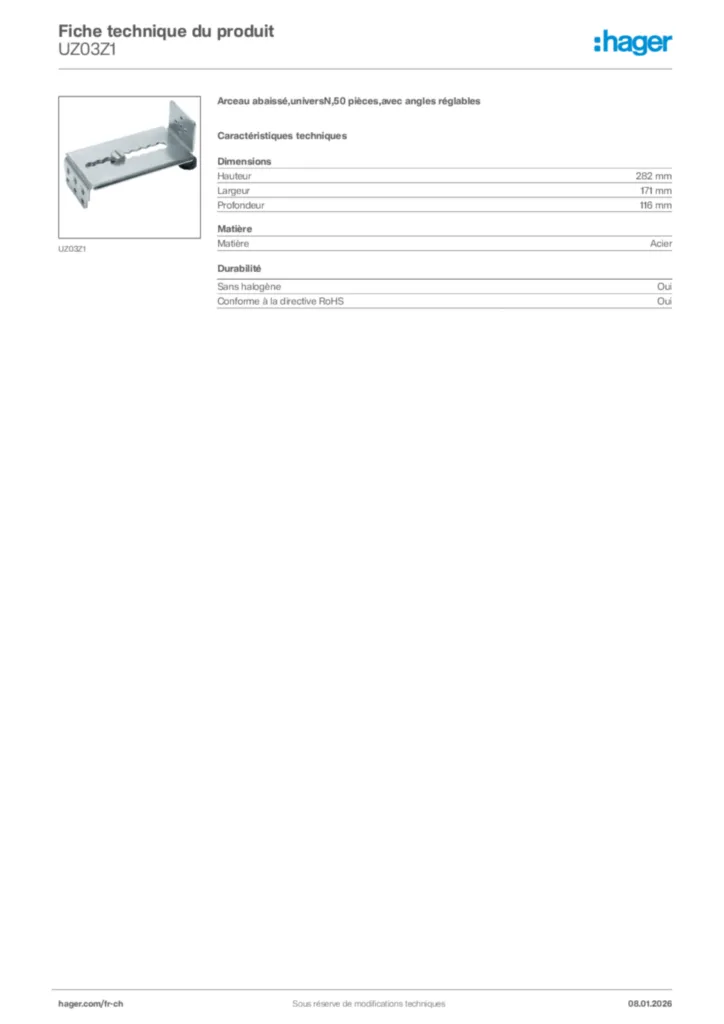 Image Hager Fiche technique du produit UZ03Z1 | Hager Suisse