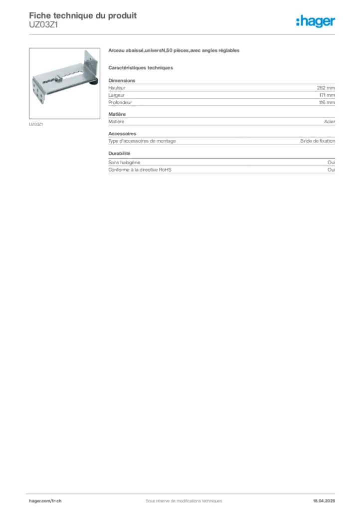 Image Hager Fiche technique du produit UZ03Z1 | Hager Suisse
