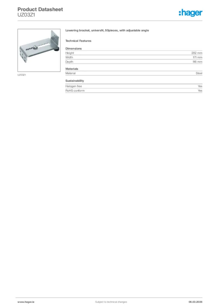 Image Hager Product data sheet UZ03Z1  | Hager