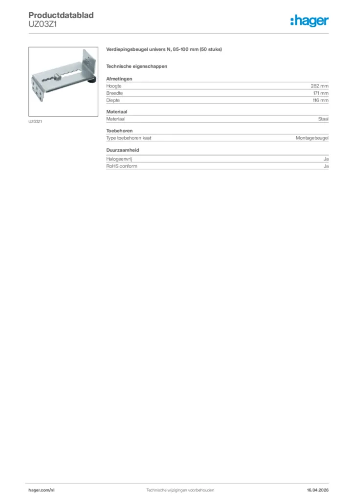 Afbeelding Hager Productdatablad UZ03Z1 | Hager Nederland