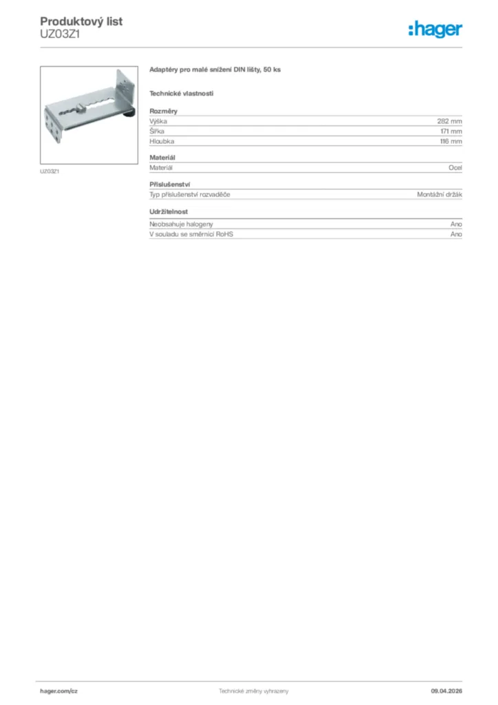 Obrázek Hager Product data sheet UZ03Z1 | Hager